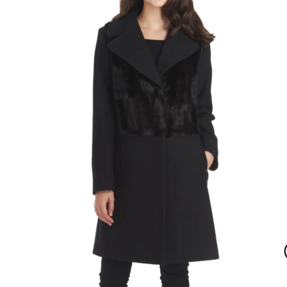 Rachel Roy Wool Coat Faux Fur Bib Front